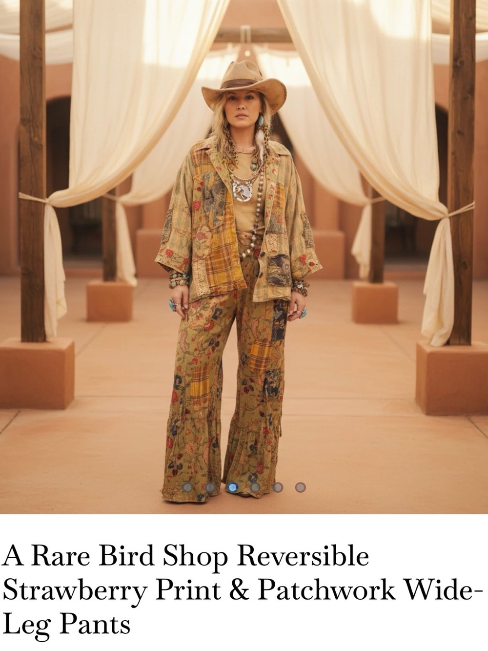 Reversible Strawberry Print & Patchwork Wide-Leg Pants - Tan
